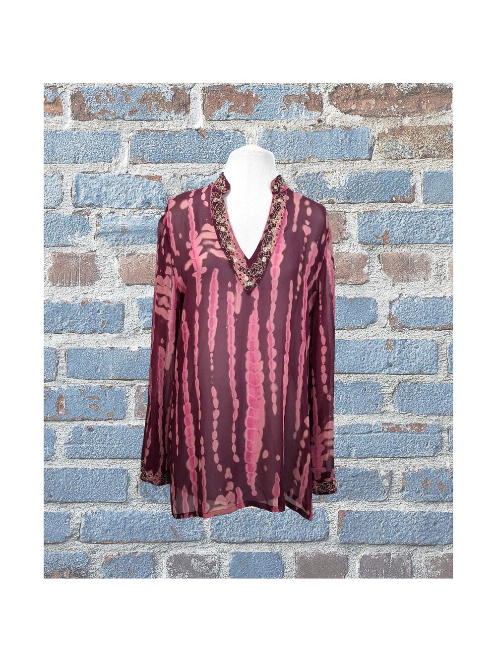 Bianca Nygard New York Silk Sheer Top Size 8 With Beaded Neckline/Sleeves